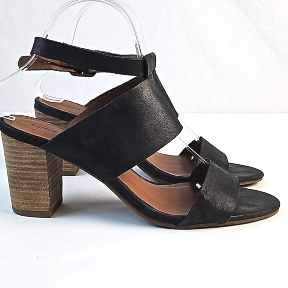 Lucky Brand Jodalee Black Leather Ankle Strap Wooden Stacked Block Heel Sandal - Picture 6 of 16